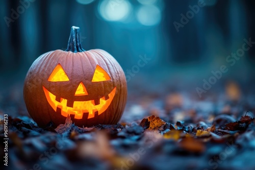 A pumpkin with a smiley face on it is sitting on the ground