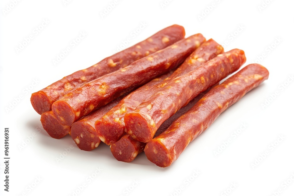 Pepperoni sticks on white background Pepperoni sticks on white background