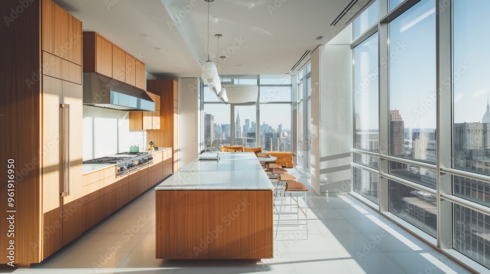 A sleek, modern kitchen with sunlight streaming through large windows, featuring wooden accents and a sprawling cityscape view. A sleek, modern kitchen with sunlight streaming through large windows, featuring wooden accents and a sprawling cityscape view.