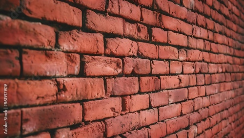 Rough red brown brick wall background texture close up, side view