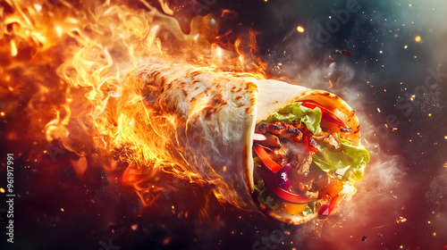 Chicken and Vegetable Burrito Wraps in fire. Delicious chicken shawarma. Turkish fast food doner roll with shawarma and meat and vegetables. AI generation