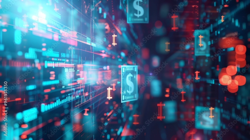 A digital interface with floating dollar symbols and dynamic data streams signifies the modern financial market's complexity and constant change. A digital interface with floating dollar symbols and dynamic data streams signifies the modern financial market's complexity and constant change.