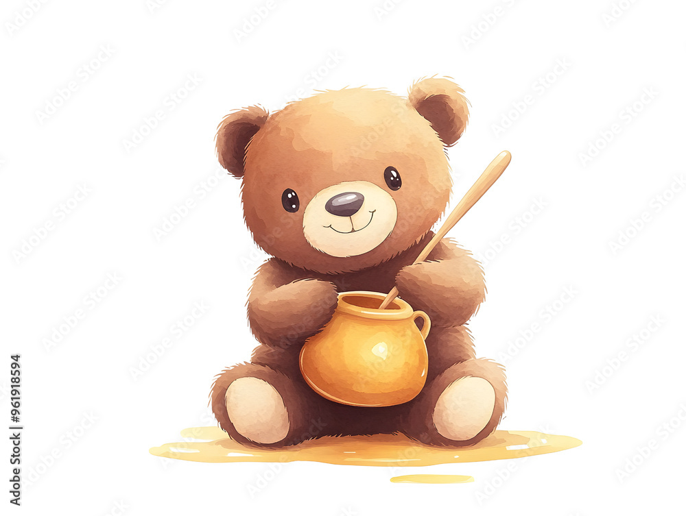 Obraz premium Cute Cartoon Bear Holding Honey Pot and Dipper