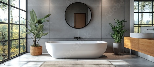 Modern Bathroom with Freestanding Tub and Large Window