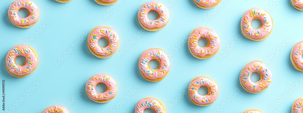 Doughnut pattern on bright light blue background. Doughnut banner. Bakery