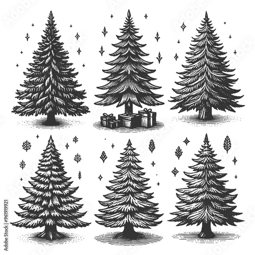 Set collection of Christmas trees, unique designs and festive decorations, vintage holiday sketch engraving generative ai vector illustration. Scratch board imitation. Black and white image.