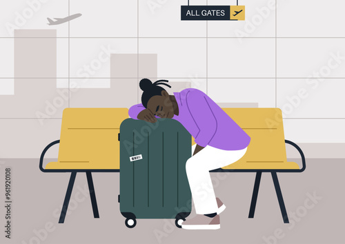 In a moment of exhaustion, a traveler peacefully sleeps on their luggage at the airport, seeking comfort amidst the chaos of a flight delay, surrounded by an empty terminal
