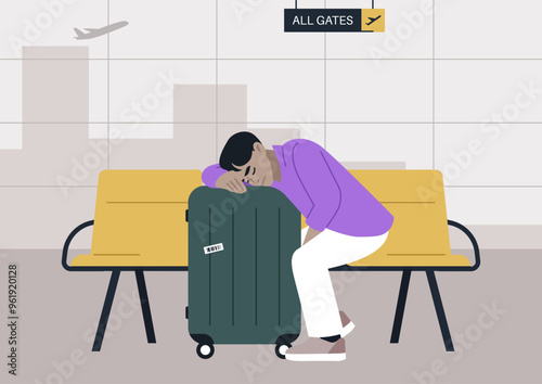 In a moment of exhaustion, a traveler peacefully sleeps on their luggage at the airport, seeking comfort amidst the chaos of a flight delay, surrounded by an empty terminal