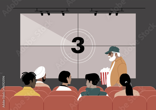 A cinema movie screen displaying the countdown, encompassing the realm of art and entertainment, with people seated on red-upholstered chairs or approaching their seats