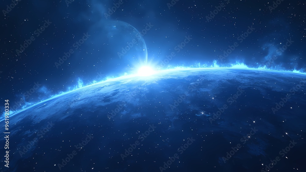 Fototapeta premium Cosmic Vista Radiant Blue Light Streaks Curving Around Planet with Stars in Dark Blue Space