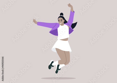 The girl in a white skirt and bright purple jacket joyfully leaps upwards, her arms raised and a big smile on her face, embodying sheer excitement and freedom in the warm sunlight