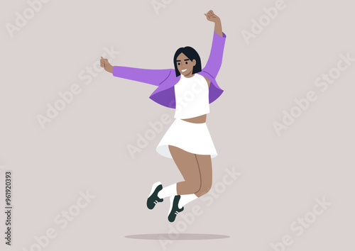 The girl in a white skirt and bright purple jacket joyfully leaps upwards, her arms raised and a big smile on her face, embodying sheer excitement and freedom in the warm sunlight