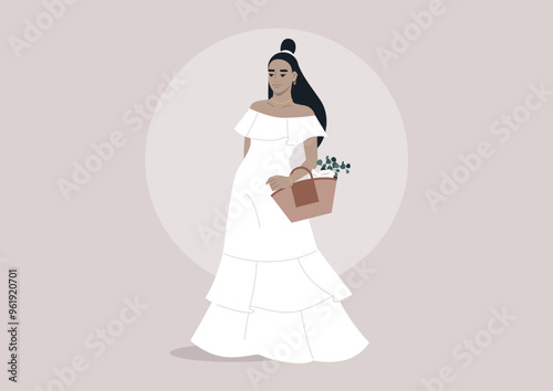 A woman elegantly dressed in a white summer dress stands amidst soft colors, holding a basket filled with lush greenery, radiating serenity and style under the gentle glow of sunshine