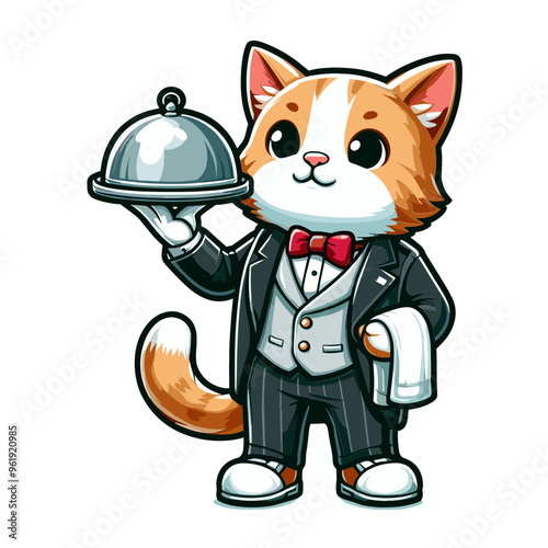 Cartoon Cat Butler Vector Icon Illustration Animal