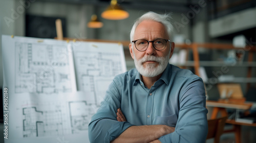 Senior architect with glasses and white beard standing in front of blueprints, arms crossed, in a contemporary office space. photo