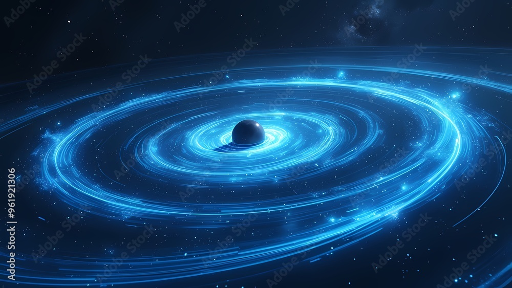 Futuristic Cosmic Environment Bright Blue Light Paths Curving Around Celestial Object in Stars Futuristic Cosmic Environment Bright Blue Light Paths Curving Around Celestial Object in Stars