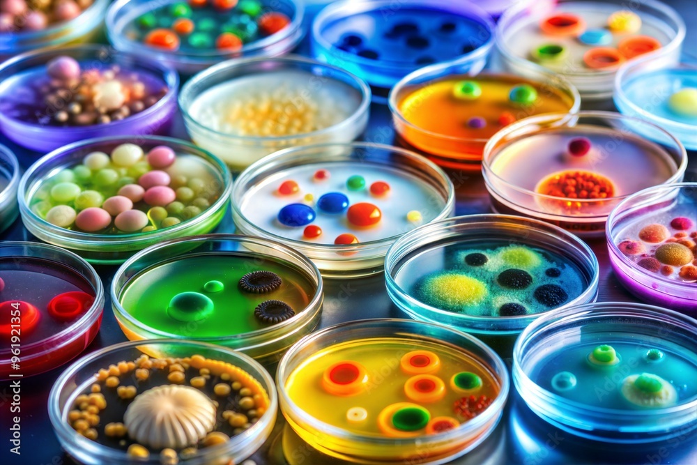 Vibrant display of microbial cultures in petri dishes showcasing scientific experiment colors Vibrant display of microbial cultures in petri dishes showcasing scientific experiment colors