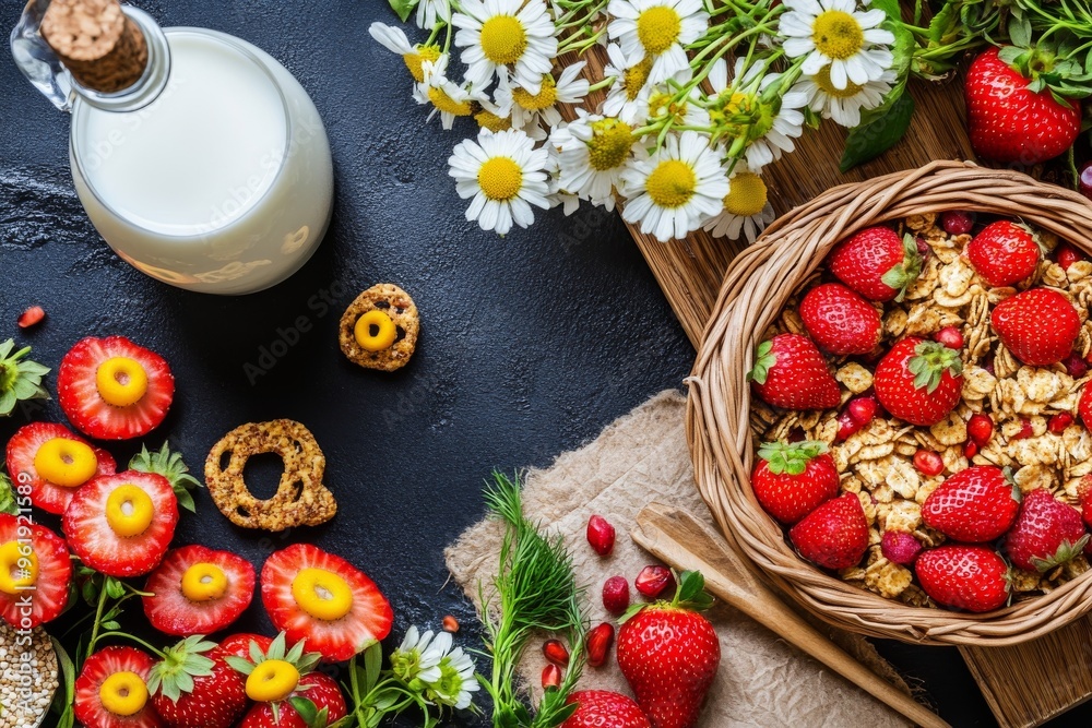 Black table with colorful cereal rings, milk, and strawberries Black table with colorful cereal rings, milk, and strawberries
