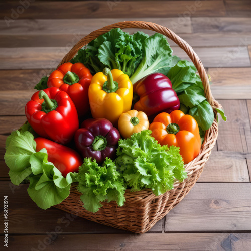 Wicker basket with different types of peppers and fresh herbs on wooden table