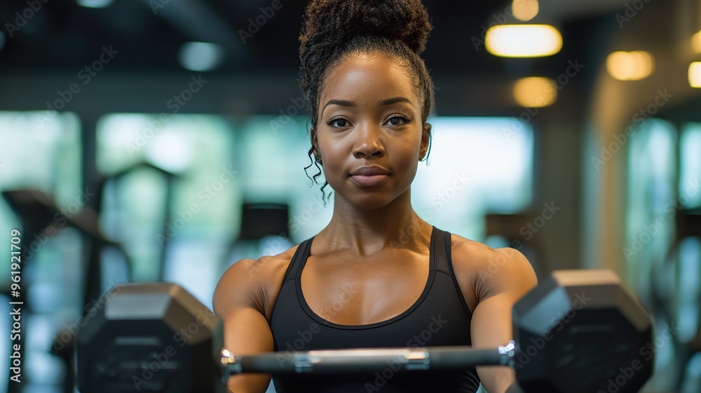 Fototapeta premium A woman in a modern gym performing a daily fitness routine, lifting dumbbells with a determined expression.