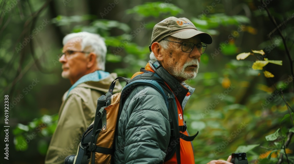 Two elderly men, equipped with backpacks and caps, explore a dense forest, embodying adventure and companionship amidst nature. Two elderly men, equipped with backpacks and caps, explore a dense forest, embodying adventure and companionship amidst nature.