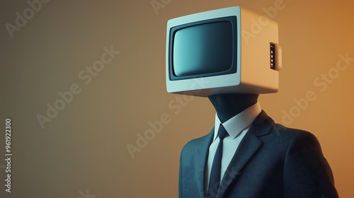 A 3D render of a man dressed in a business suit with a computer monitor as his head. The design should blend the formal. photo