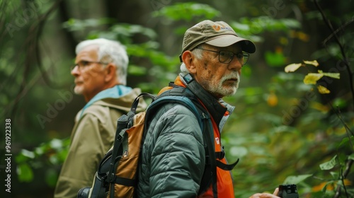 Two elderly men, equipped with backpacks and caps, explore a dense forest, embodying adventure and companionship amidst nature.