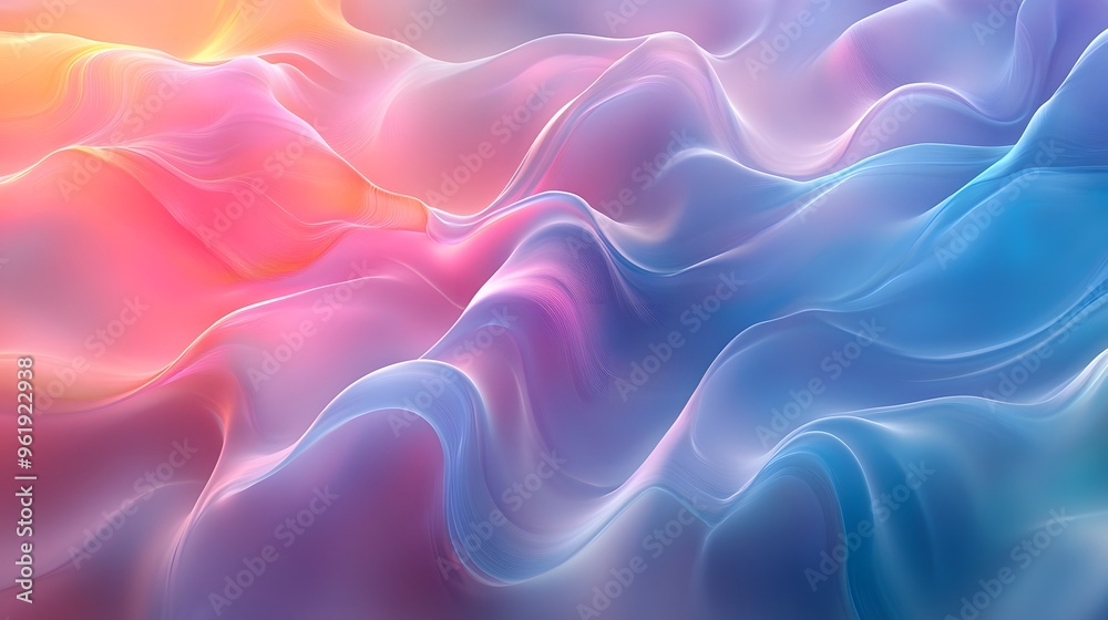 Obraz premium Vibrant multicolored abstract background, fluid gradient waves, iridescent pastel hues, soft blended transitions, ethereal atmosphere smooth flowing curves.