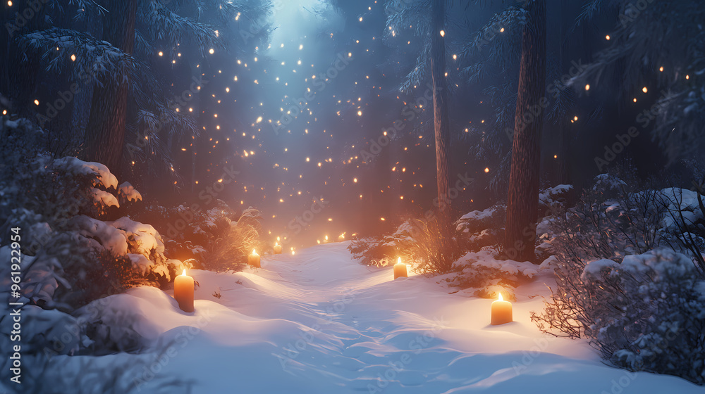 Fototapeta premium Ice candles illuminate the small path in the snowy forest - generative ai. Snowy Forest. Illustration