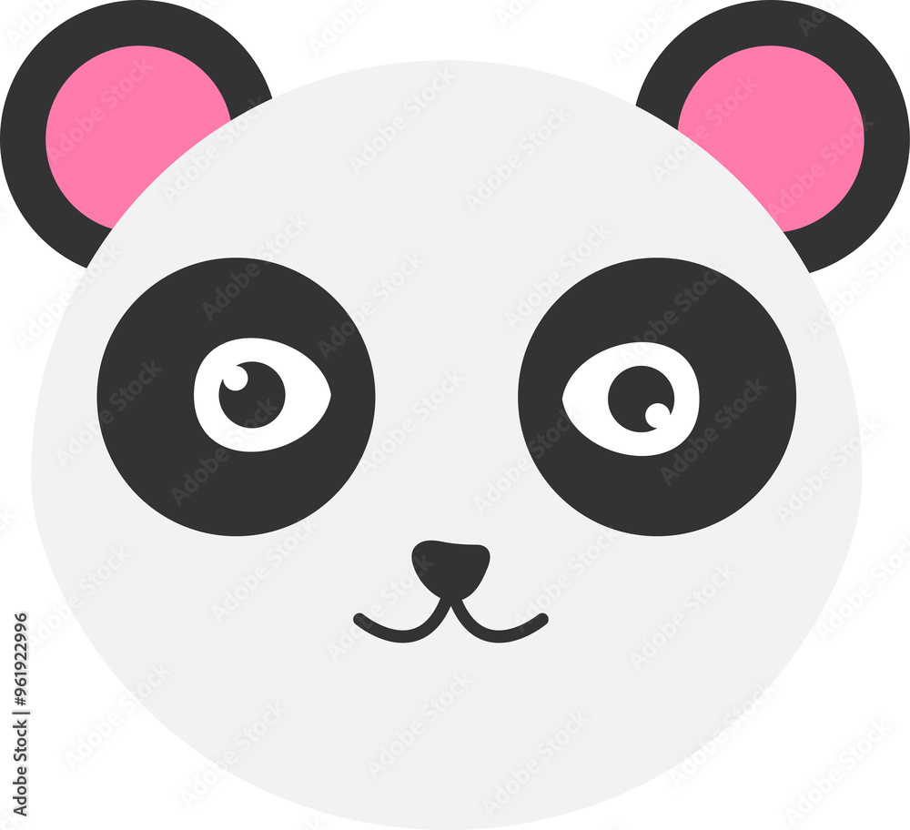 Stylized panda face illustration with large eyes and pink ears.
Stylized panda face illustration with large eyes and pink ears.
