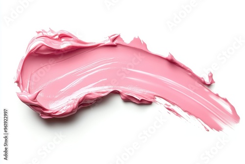 Pink lip gloss applied on white background smudged cosmetic sample