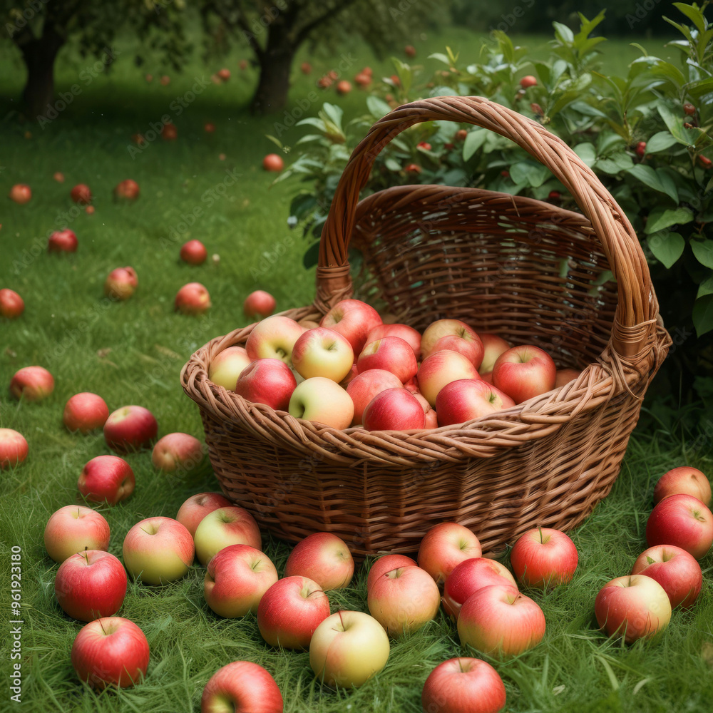 Still life with a wicker basket of ripe apples in the garden Still life with a wicker basket of ripe apples in the garden