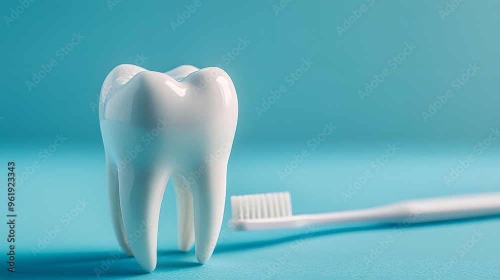White toothbrush and ceramic tooth model, dental hygiene concept, clean minimalist background, soft blue tones, high-key lighting, healthcare and oral care theme. White toothbrush and ceramic tooth model, dental hygiene concept, clean minimalist background, soft blue tones, high-key lighting, healthcare and oral care theme.