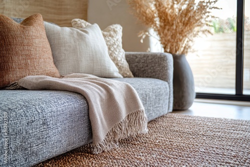 Close-up of a Grey Sofa with Cushions and a Blanket