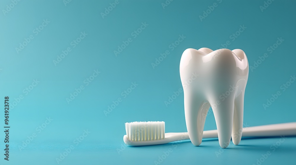 White toothbrush and ceramic tooth model, dental hygiene concept, clean minimalist background, soft blue tones, high-key lighting, healthcare and oral care theme. White toothbrush and ceramic tooth model, dental hygiene concept, clean minimalist background, soft blue tones, high-key lighting, healthcare and oral care theme.