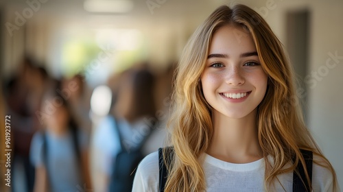 Young woman with golden hair, white shirt, smiling, school hallway, blurred background of students, soft natural lighting, shallow depth of field, portrait photography. Free Download Young woman with golden hair, white shirt, smiling, school hallway, blurred background of students, soft natural lighting, shallow depth of field, portrait photography. - GFXLoad