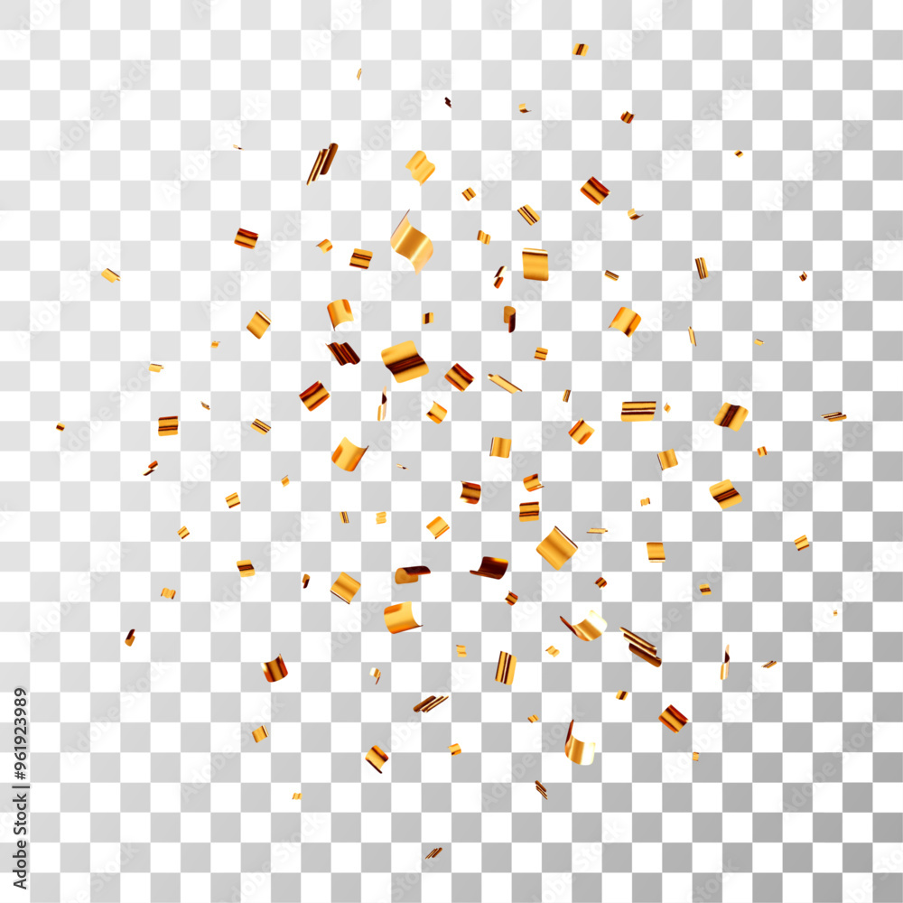 3D party gold confetti on transparent background. Render golden confetti in empty space. Metal firecracker elements in various shapes. Party, holiday, surprise or birthday events. Vector illustration 3D party gold confetti on transparent background. Render golden confetti in empty space. Metal firecracker elements in various shapes. Party, holiday, surprise or birthday events. Vector illustration