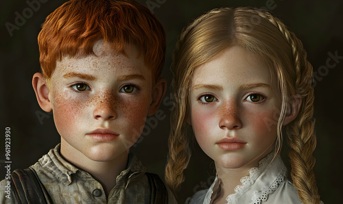 A portrait of a young boy with red hair and freckles and a young girl with blonde hair and freckles.