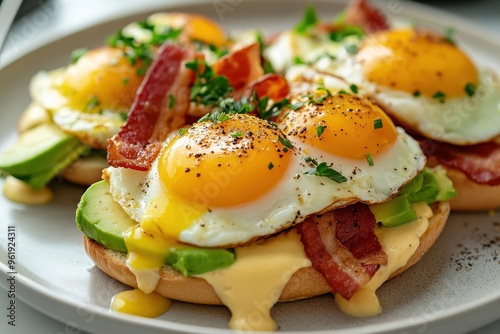 Plate of eggs benedict with avocado and bacon close up