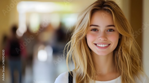 Young woman with golden hair, white shirt, smiling, school hallway, blurred background of students, soft natural lighting, shallow depth of field, portrait photography.