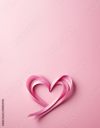 Pink ribbon in heart shape on a pastel pink background with copy space. Breast Cancer Awareness Month concept. Love symbol. Valentine's day, wedding. Romantic backdrop, design for card