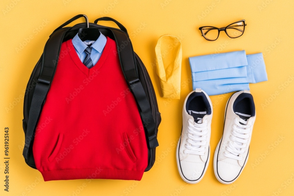 An attractive wall color with a wooden table, shoes, and a stylish school uniform. An attractive wall color with a wooden table, shoes, and a stylish school uniform.