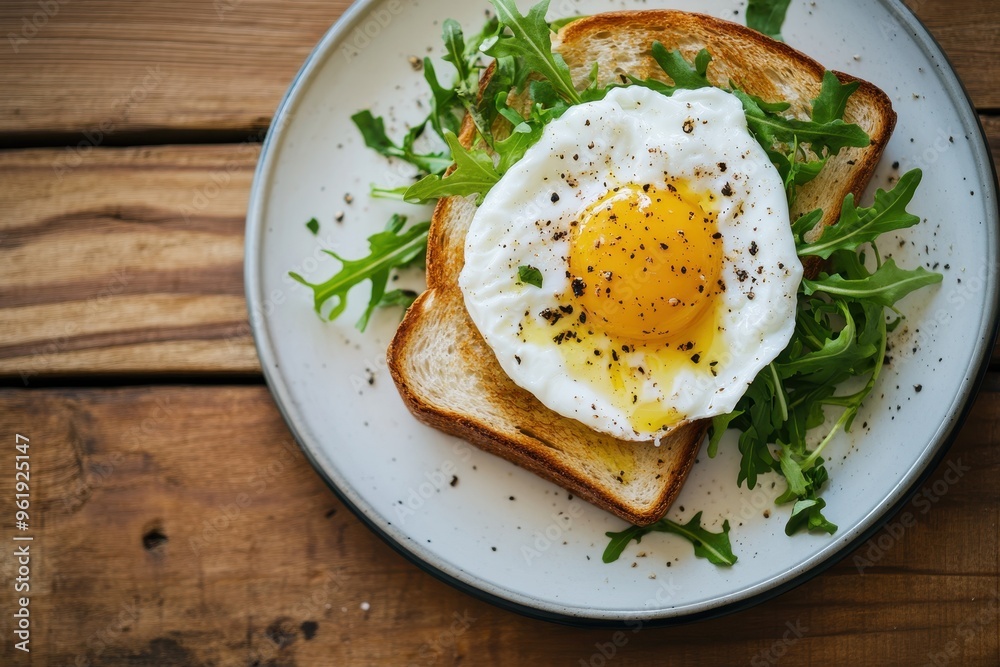 Poached egg on toast on wooden table healthy keto diet lunch concept Top view with space for text Poached egg on toast on wooden table healthy keto diet lunch concept Top view with space for text