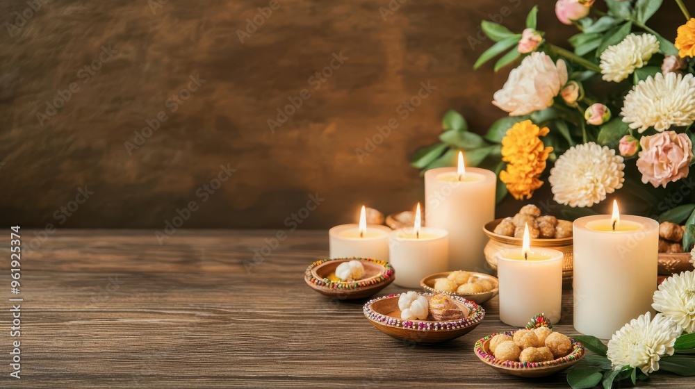 A festive Diwali table adorned with candles, flowers, and sweets, symbolizing abundance and joy A festive Diwali table adorned with candles, flowers, and sweets, symbolizing abundance and joy