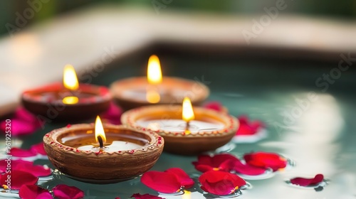 A festive arrangement of diyas floating in water, surrounded by rose petals during Diwali photo