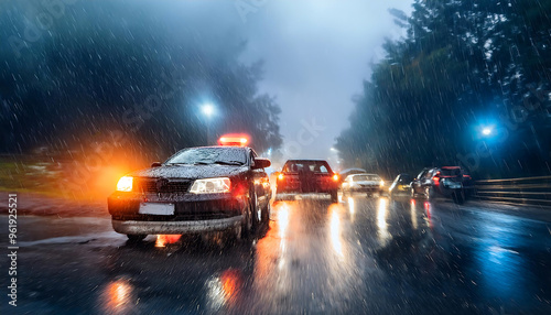  Blurred car accident scene with emergency lights in the rain. _1(355)