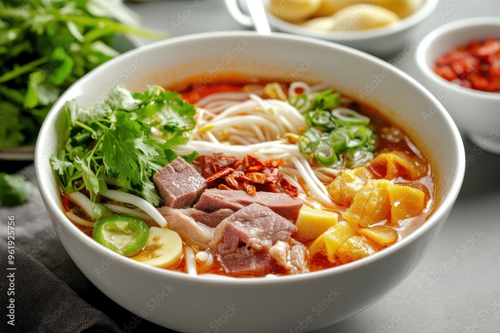 Spicy Hue noodles with beef pork and vegetables similar to Vietnamese pho Thai and Asian style noodles Spicy Hue noodles with beef pork and vegetables similar to Vietnamese pho Thai and Asian style noodles