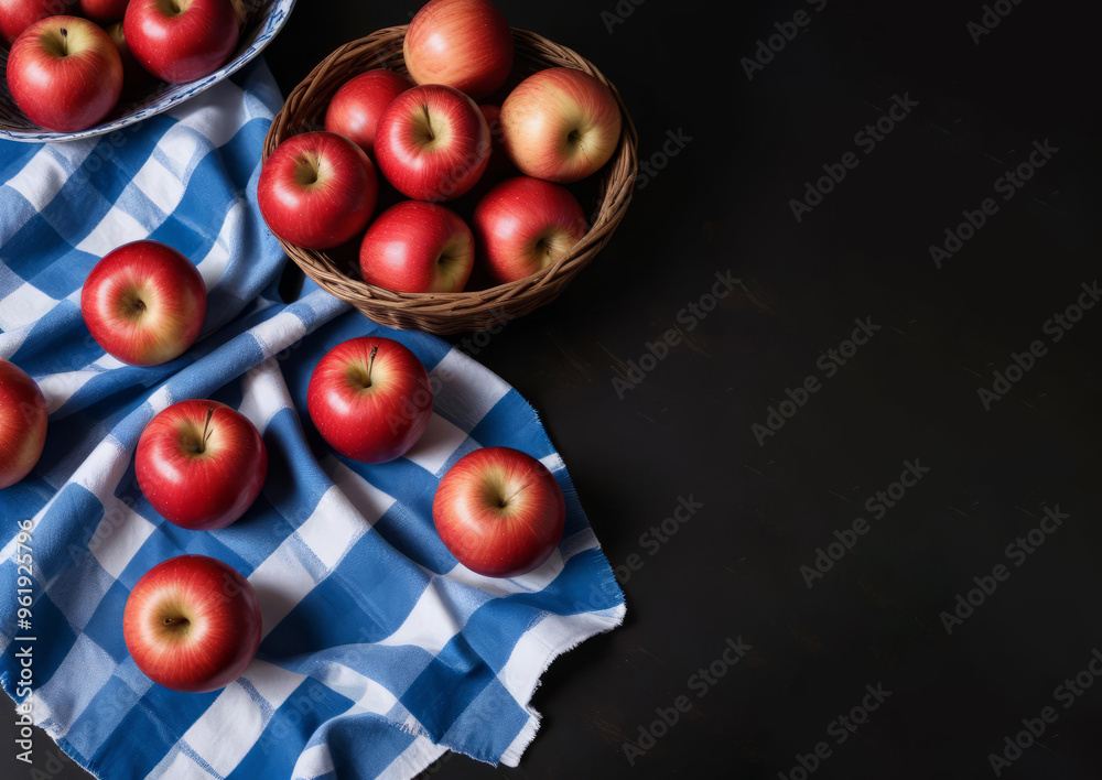 Red apples on a white and blue tablecloth on a dark table Red apples on a white and blue tablecloth on a dark table