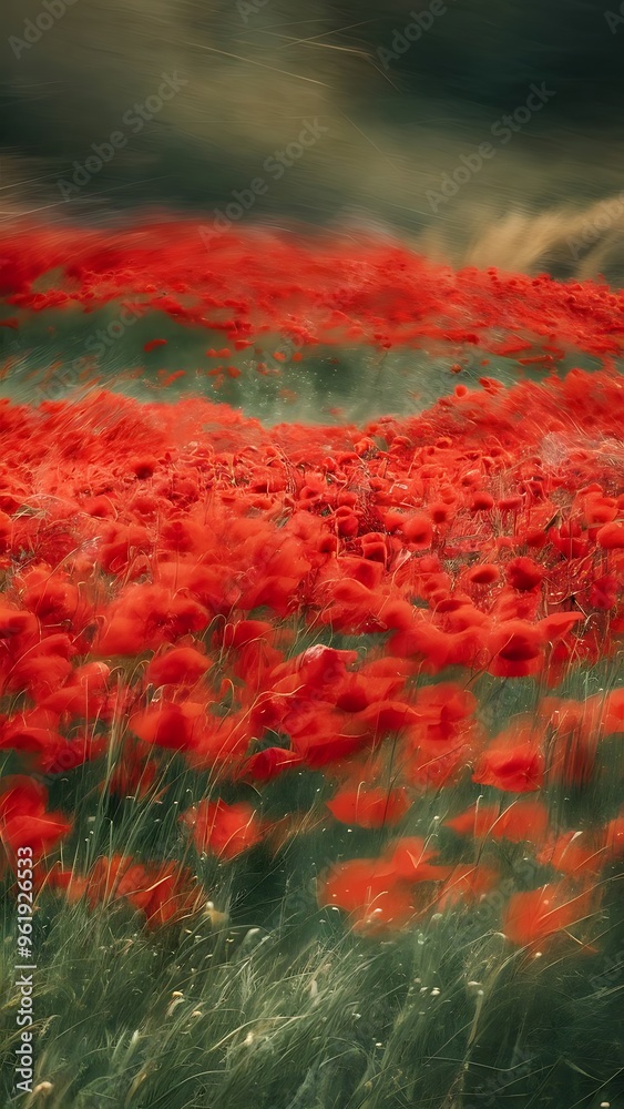 Blurred and defocused image of red beautiful poppies bloom, poppy red flowers meadow Blurred and defocused image of red beautiful poppies bloom, poppy red flowers meadow