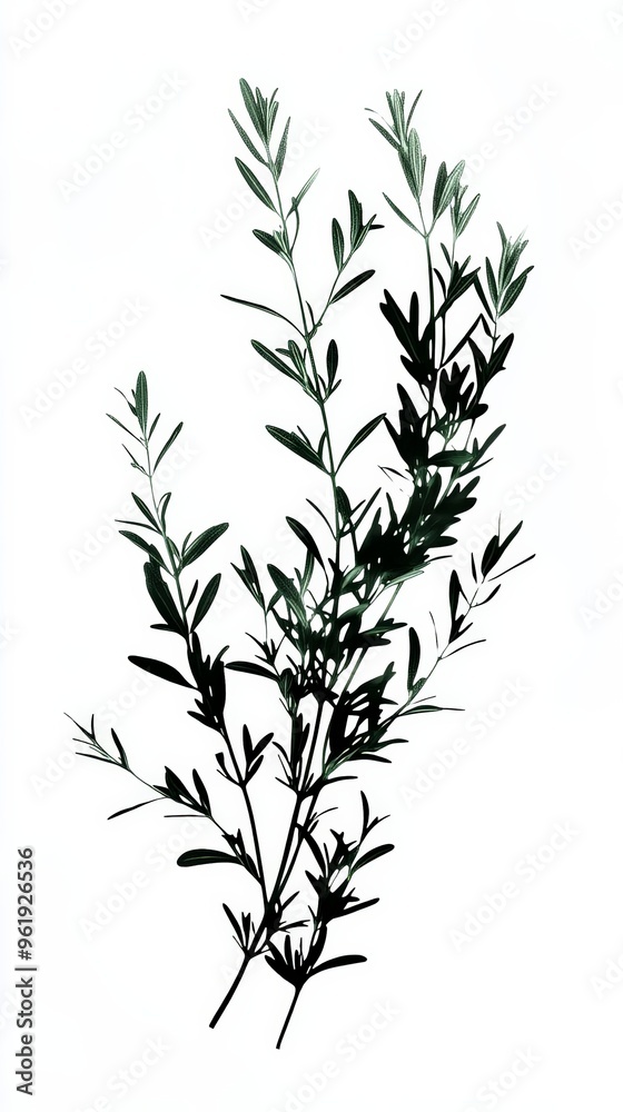 Obraz premium Silhouette of a bunch of fresh rosemary floating, with individual sprigs detailed against a white background